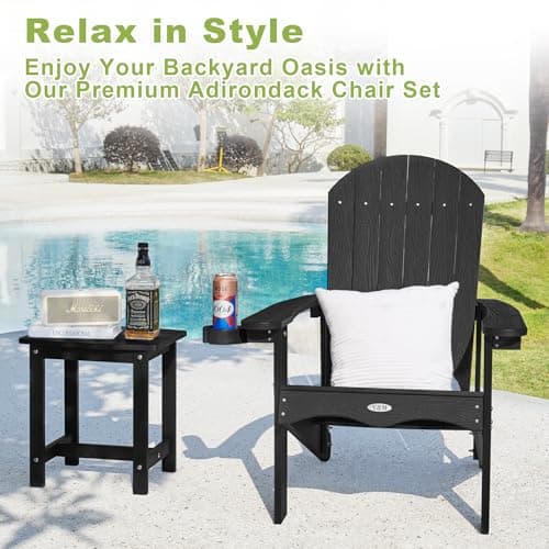 Y&M Adirondack Chair, Black Fire Pit Chairs, Outdoor Patio Chairs with Cup Holder, Weather Resistant HDPE Wooden Textured Patio Chairs, Perfect for Garden, Lawn, Deck, or Poolside - Thumbnail 4