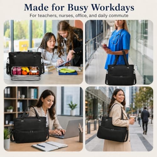 AHHZOOPLL Work Lunch Tote Bag for Women with 15.6" Laptop Compartment, Soft Structured Polyester Teacher Tote Bag with Insulated Lunch Compartment for Office, Nurse, Teacher, Daily Commute, Black - Thumbnail 5