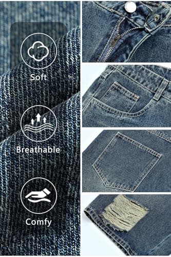 Heyfanee Mens Baggy Jean Shorts Ripped Long Jorts Men Y2k Vintage Denim Shorts for Men Loose Fit Washed Blue 28 - Thumbnail 5