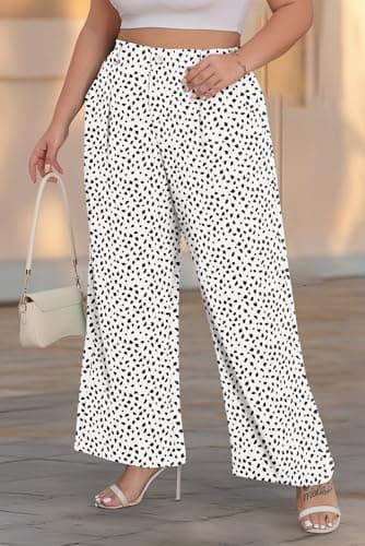 Lastshe Womens Plus Size Pants High Waist Wide Leg Stretchy Trousers Teacher Work Pull on Lounge Palazzo Slacks Summer Outfits,White Leopard,3X - Thumbnail 2