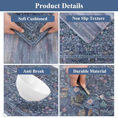 U'Artlines Double-Sided Kitchen Rugs Set of 2,Kitchen Anti Fatigue Mats Non Slip Padded Floor Standing Desk Mat,PVC Waterproof & Stain Resistant Carpet Blue Floral Rugs for Laundry Room Office Sink - Thumbnail 4