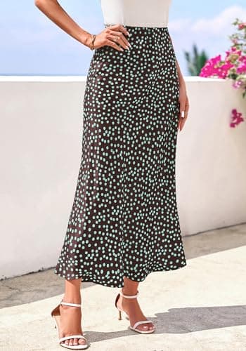 BTFBM Satin Skirts for Women 2025 Fall High Waisted A-Line Leopard Print Cocktail Wedding Long Silk Summer Midi Skirt(Dot Coffee Green, Medium) - Thumbnail 6