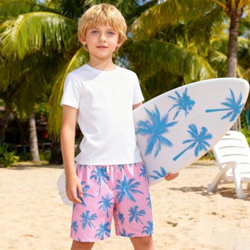 Cozople Swim Trunk for Boys Pink Blue Palm Tree Printed Swim Short Commpression Anti Chafe Swimsuit UPF Bathing Suit Boxer Brief Swimwear for Outdoor Size 8 - Thumbnail 3