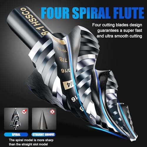 Four Spiral Flute M35 Step Drill Bit Set 1/8"-1"(9 Sizes), 3/8" Shank for Metal Step Drill bit, Impact Resistant Cobalt Step Drill Bit, for Stainless Steel, Wood, Aluminum, Plastic - Thumbnail 4