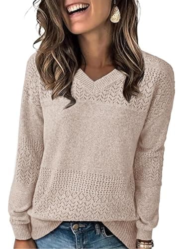 NORACORA Womens V Neck Fall Sweaters 2025 Casual Long Sleeve Ribbed Knit Pullover Lightweight Crochet Pullover Sweater Tops Khaki - Thumbnail 2