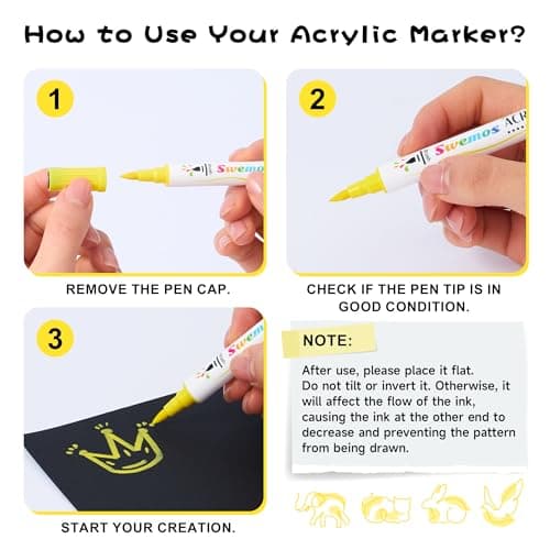 Swemos 2Pcs Yellow Acrylic Paint Pens Markers, Dual Tip with Fine Tip and Brush Tip Pens Acrylic Paint Markers Waterproof Acrylic Markers Set for Rock, Canvas Stone, Wood, Glass, Metal (YELLOW, 2) - Thumbnail 6