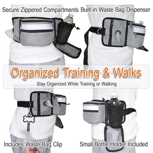 Dog Walking Fanny Pack with Poop Bag Dispenser & Bottle Holder, Hands-Free Dog Walk Bag with Adjustable Waist Belt, Reflective Dog Fanny Pack for Walking, Training & Daily Use, Black - Thumbnail 3