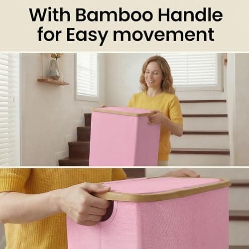 efluky Slim Laundry Basket with Lid, Narrow Laundry Hamper with Removable Bag, Skinny Dirty Clothes Basket with Bamboo Handles for Bathroom, Bedroom & Laundry Room, 75L Pink - Thumbnail 6