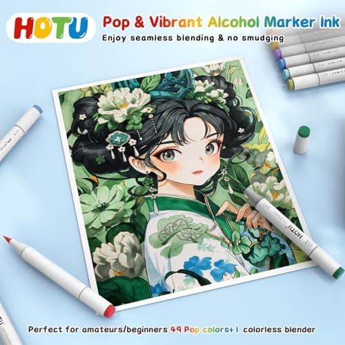 HOTU 50 Colors Alcohol Markers, Brush & Fine Dual Tip Art Markers for Adult Coloring Books, Refillable Alcohol Based Marker Set with Anti-Bleeding Pad, Case & Swatch for Artists, Beginners & Kids - Thumbnail 2