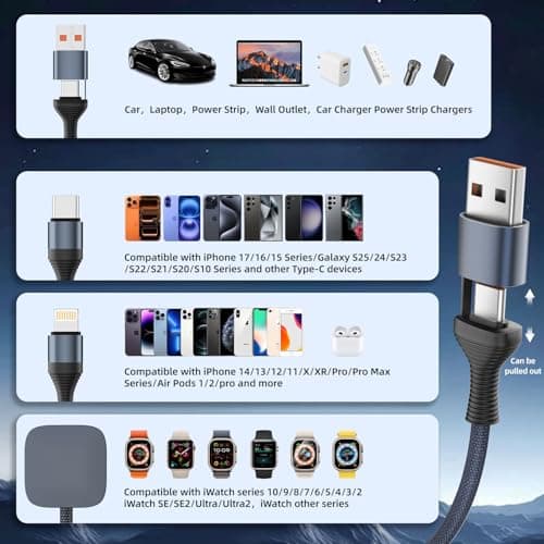Firsting 3 in 2 USB A/C Multi Charger Cable for iWatch Charger/iPhone 17 Charger/IP Cable, Travel Essentials for Multiple Charger Cord Compatible with iPhone 17-11/iWatch All Series 5FT 2PS - Thumbnail 5