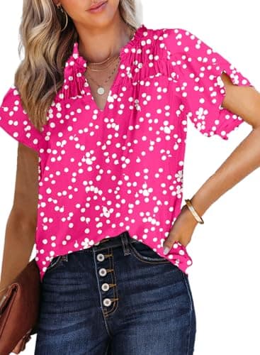Dokotoo Womens Juniors Summer Tops 2026 Fashion Trendy Casual Dressy Spring Smocked Short Sleeve T Shirts Alicia Flower Print V Neck Business Work Tunic Bohemian Floral Top Medium Pink - Image 1