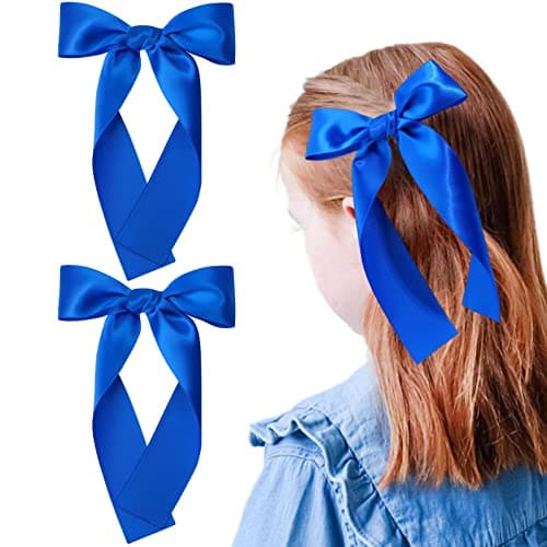 2Pcs Long Ribbon Hair Bows for Girls Hair Clip Silk Hair Bow Ribbon Hair Accessories for Baby Toddlers Infant Teens Kids (Blue) - Image 1