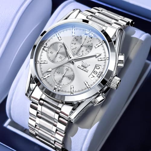 OLEVS Silver Watch for Men Luxury Waterproof Men's Watch Casual Fashion Analog Stainless Steel Chronograph Large Face Men's Watches Elegant Classic Quartz Date Wrist Watches for Man Reloj - Thumbnail 3