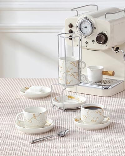 MALACASA 4 OZ Porcelain Espresso Cups with Saucers and Metal Stand Set of 4, Stackable Cappuccino Cups, Marble White Expresso Shots Cup Set for Coffee Drinks, Latte, Tea - Thumbnail 6