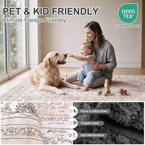 Cnythlis Washable Area Rug, Water-Resistant Vintage Medallion Carpet with Non-Slip Backing, Foldable Floor Mat for Living Room Pets, 0.26" Low Pile, Blush Pink, 5'x7' - Thumbnail 5