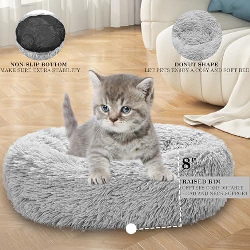 Calming Dog Bed for Small Melium Large Dogs Donut Washable Pet Bed for Puppy and Kitten Anti-Anxiety Donut Warming Cozy Soft Round Bed with Slip-Resistant Bottom (Grey, 24" L x 24" W x 8" Th) - Thumbnail 2