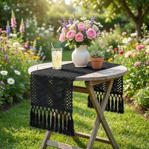 yuboo Black Table Runner 36 Inches, Small Boho Macrame Coffee Bar Mat, Modern Farmhouse Dresser Scarf with Tassels, Short Runner for Nightstand, Shoe Cabinet, Industrial Home Decor
