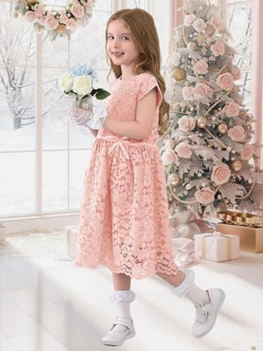 ALLOVIN Girls & Toddlers Sleeveless A-Line Lace Party Dress Birthday Wedding & Flower Girl Dress with Beaded Bowknot | Pink | 3-4T - Thumbnail 5