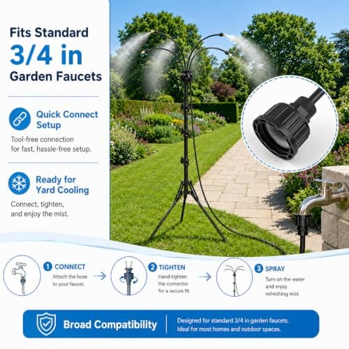 Upgraded Standing Misters for Outside Patio, 6FT Height Adjustable Outdoor Misting System, Portable Cooling Mister with Tripod, Brass Nozzles & 26FT Hose, Sprinkler for Tanning Backyard, Garden, Pets - Thumbnail 4