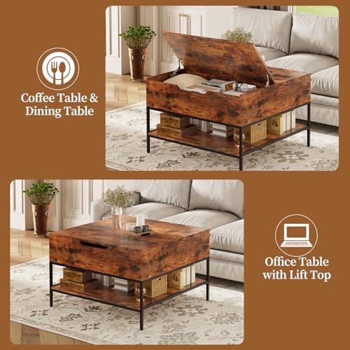 AQY 31.5" Flip Top Coffee Table with Storage, Square Coffee Tables for Living Room, Modern Farmhouse Heavy Duty Coffee Table with Large Hidden Compartment and Storage Shelves,Assembly Required - Thumbnail 4