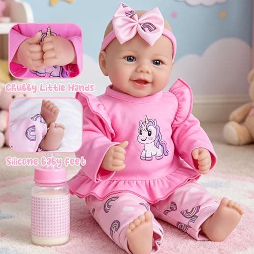 EKOKIZ Realistic Baby Doll Girl 17 Inch - Soft Body Lifelike Reborn Doll with Clothes and Feeding Set, Real Life Baby Dolls Gift for Kids Age 3+ Birthday, Pretend Play - Thumbnail 4
