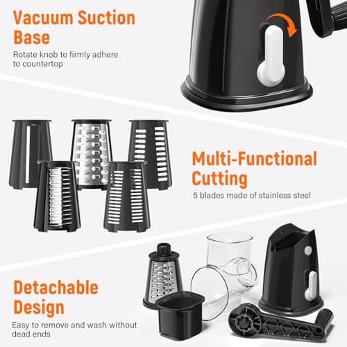 Rotary Cheese Grater Hand Crank with 5 Interchangeable Blades, Vegetable Chopper Spiralizer Slicer for Fruit Vegetable Nuts, Mandoline Slicer for Kitchen with Blades Rack & Suction Base, Black - Thumbnail 5