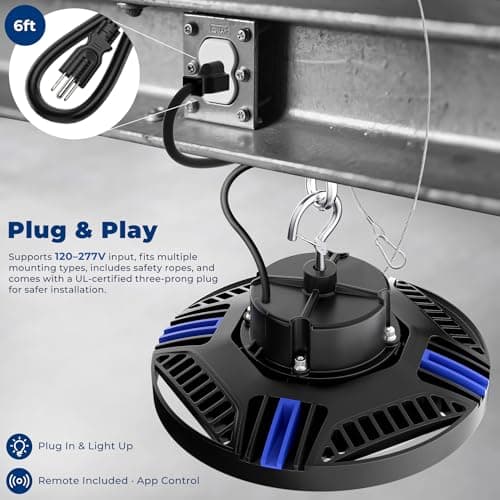 CINOTON Smart UFO LED High Bay Light 150W 21000lm, 2700K-6500K 1-100% Brightness Stepless Dimm Aluminum Shop Lights, ETL Listed Lighting for Garage Factory, APP/Alexa/Remote Control, 120-277V, 1 Pack - Thumbnail 3