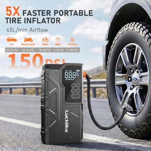 Lucklike W210 Jump Starter with Air Compressor 150 PSI, 12V 6000A Peak Lithium Car Battery Jump Starter for All Gas and 10.0L Diesel, 80.66Wh Booster Jump Box Pack with LED Light, Jumper Cables - Thumbnail 3
