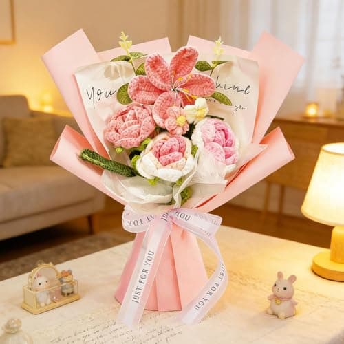 Tikitup Crochet Flowers Bouquet, Handmade Knitted Flowers Pink Crochet Bouquet for Mother's Day, Valentine's Day, Anniversary, Wedding, Birthday, Home Décor, Gifts for Mom, Lovers, Friends - Thumbnail 4