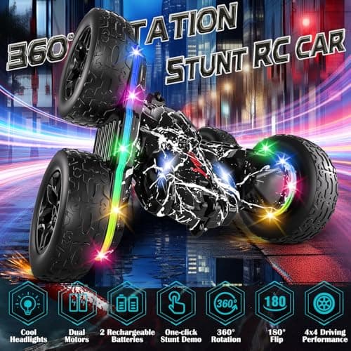 Terucle Rc Cars Toys for Boys Remote Control Car 2.4 GHz Black Toys for Ages 5-7 Kids Toys New Upgraded Strip Lights 360° Rotating Rc Truck Birthday (Black) - Thumbnail 2
