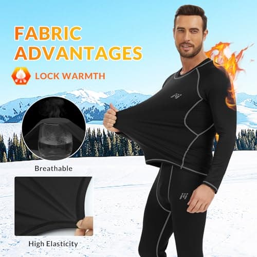 MeetHoo Men Thermal Underwear Set Long Johns with Fleece Lined Base Layer Men Cold Weather Top Bottom for Skiing Running - Thumbnail 2