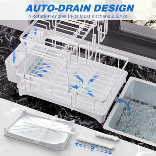 Godboat Dish Drying Rack, 2-Tier Dish Rack with Auto-Drain & Mat, Dish Racks for Kitchen Counter, Dish Drainer with Knife, Fork & Cup Rack, Gifts for Women, Mothers Day, Kitchen Gadgets, White - Thumbnail 3