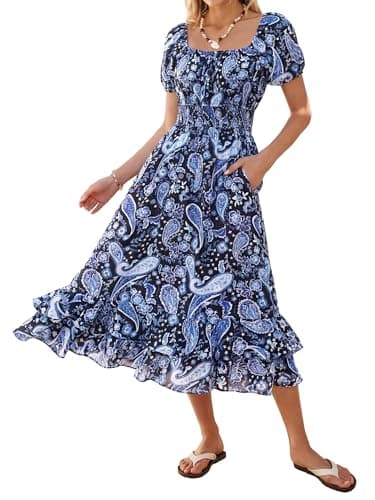 Kate Kasin Womens Summer Boho Floral Maxi Dress 2026 Square Neck Puff Sleeve Smocked Flowy A Line Beach Wedding Guest Dresses - Image 1