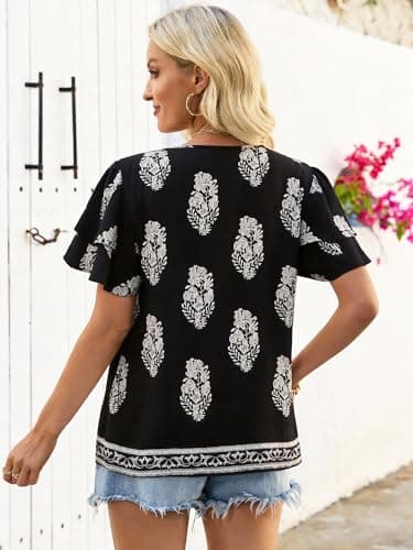 Bellcoco Womens Summer Boho Tops Short Sleeve Peplum Blouses V Neck Bohemian Shirt Tie Front Tunic Vacation Clothes Black X-Large - Thumbnail 4