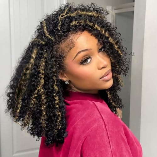 Kinky Curly Half Wig Human Hair Drawstring Balayage Highlight Ombre No Lace Glueless Wear Go Wig Drawstring Invisible Hairline Beginner Friendly For Women Flip Over Clip In 250% Density 18Inch