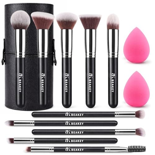 BEAKEY 13PCS Makeup Brush Set with Case & 2 Sponges, 10 Brushes Full Face Kit, Beginner Friendly, Soft Synthetic Bristles for Smooth Even Application, Travel Kit for Face & Eyes