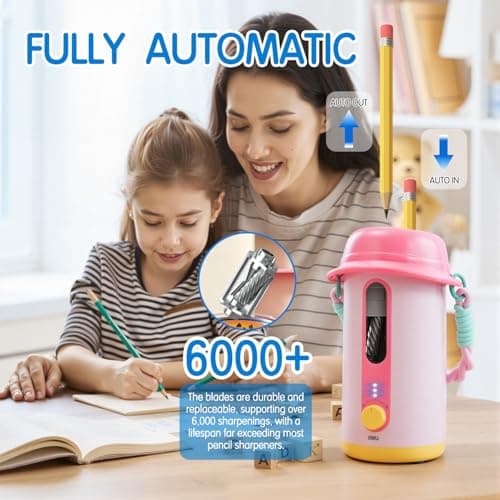 Electric Pencil Sharpener, Low Noise Fully Automatic Pencil Sharpener for Classroom,6.9-10.8mm Colored/Jumbo Pencils, Auto in & Out,Rechargeable Hands-Free Sharpener for Home/Office, Pink - Thumbnail 2
