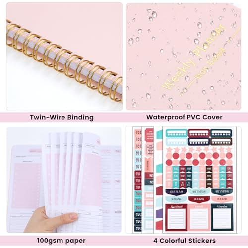 Undated Weekly Planner with Habit Tracker, 52 Weeks To Do List Notebook A5 Weekly Goal Planner with Spiral Binding & Stickers Home Work School Supplies for Women Girls 8.2" x 5.7" - Pink - Thumbnail 4