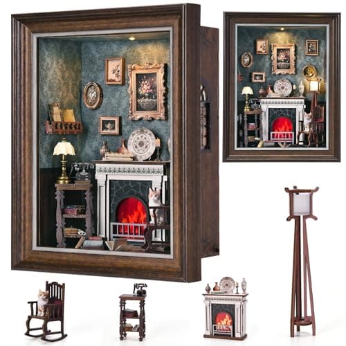 Book Nook Kit - 3D Wooden Puzzle with LED Switch Control & Wall-Mountable Frame,DIY Miniature House for Beginners,Bookshelf/Tabletop/Wall Decor for Craft Lovers,Dollhouse Gift,Fireplace - Thumbnail 2