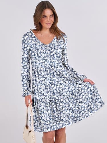 ANRABESS Womens Long Sleeve Dress 2026 Fall Casual V Neck Tiered Flowy Short Dresses Beach Travel Vacation Clothes Floral Blue X-Large - Thumbnail 2