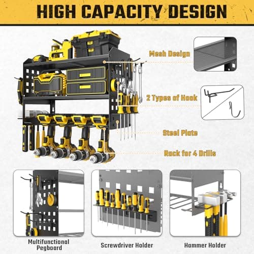 SPACECARE Power Tool Organizer, Drill Holder Wall Mount with 2 Side Pegboards with Hooks, 3 Layer Garage Organization Heavy Duty Tool Organizers Utility Rack for 4 Drill Holders Black - Thumbnail 3