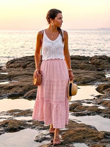 BLENCOT Women's Boho Tiered Maxi Skirt Cotton Gypsy Hippie Style Crochet Lace Long Skirts for Women Vacation and Beach Pink 2X-Large - Thumbnail 2