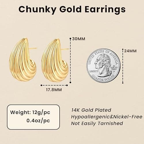 Jurikko Teardrop Gold Chunky Hoop Trendy Earrings for Women, Shell Hollow Hyperallergenic 14K Gold Plated Drop Earrings Fashion Jewelry Gift - Thumbnail 2