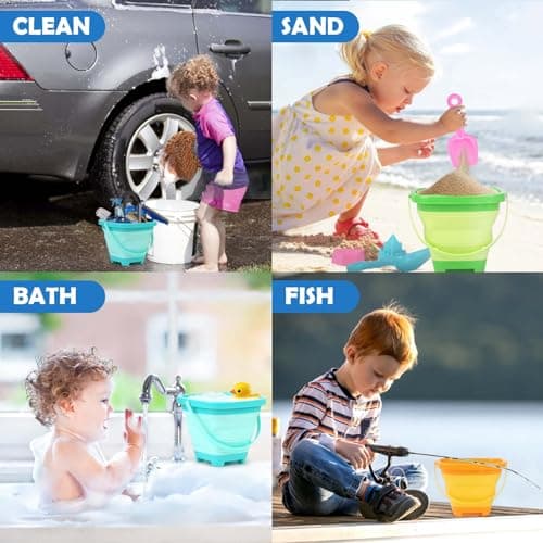 Dreamon Beach Toys for Kids 3-10, Collapsible Sand Toys Include 3 Pack Foldable Buckets with Mesh Bag, 24 PCS Beach Mold and Shovels Molds, Travel Sandbox Beach Toys for Toddler - Thumbnail 6