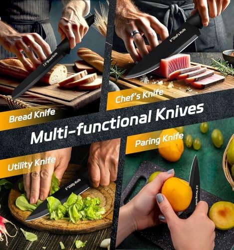 XANAPON Knife Set, 14 Pieces Kitchen Knife Set, High Carbon German Stainless Steel, Dishwasher Safe Cutlery with Sharpener, Black - Thumbnail 4