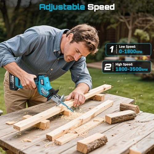 SEESII Reciprocating Saw Cordless, Variable Speed 3500 RPM Brushless Motor with 6 Saw Blades, 2 x 4.0Ah Batteries, LED Light, Tool‑Free Blade Change, Portable for Wood PVC Cutting - Thumbnail 5