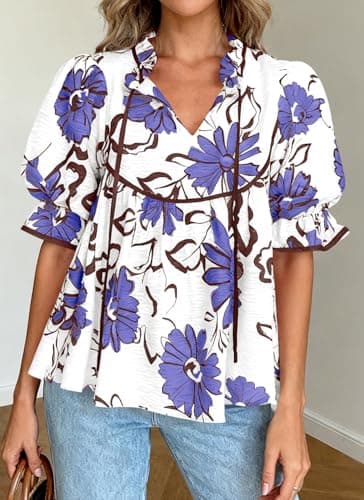 PRETTYGARDEN Womens Summer Tops 2026 Cute Puff Sleeve Ruffle V Neck Babydoll T-Shirts Boho Floral Fall Peplum Shirts(Purple Floral,Small) - Thumbnail 4