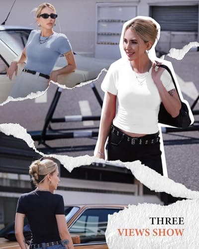 GAYHAY 3 Pack Basic Tees for Women - Crew Neck Slim Fit Tight T Shirts Cute Y2K Trendy Crop Tops Clothes for Casual Summer 2025 Black White Haze Blue - Thumbnail 3