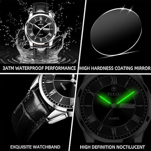 Taxau Mens Watch Black Leather Band Waterproof Watches for Men Casual Analog Quartz Dress Watch Large Face Men's Wrist Watch Classic Luxury Watches with Day Date Luminous - Thumbnail 5