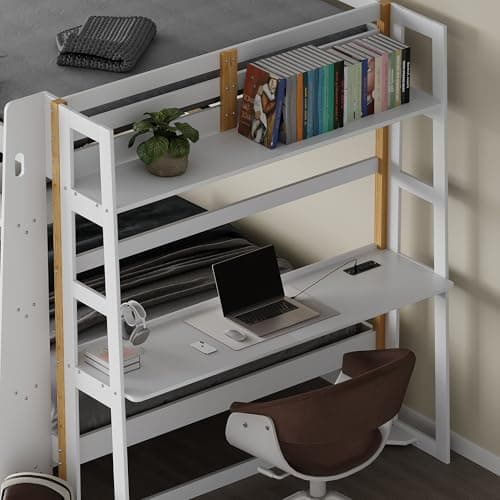 Kikihouse Wooden Twin Over Twin Bunk Bed with Desk, Charging Station and LED Lights, Convertible Solid Wood Frame with Ladders and Drawers, Sturdy Wood Bunk Bed for Kids, Space-Saving (Twin over Twin) - Thumbnail 6